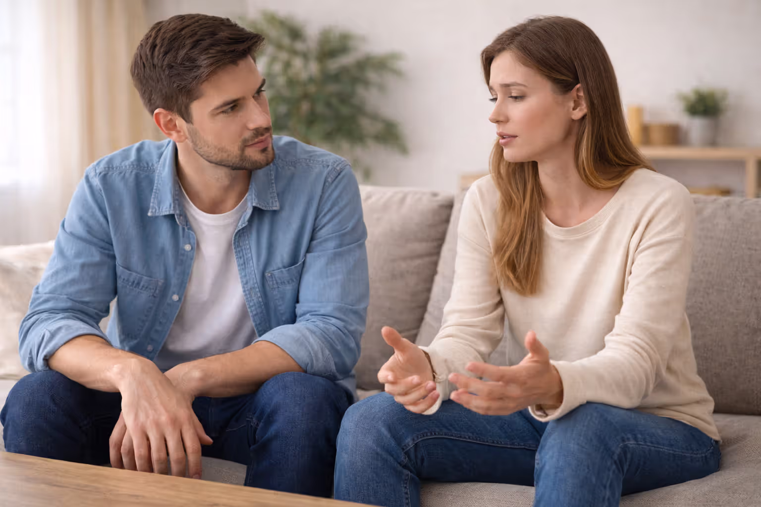 Two people sitting together, one speaking and the other listening attentively