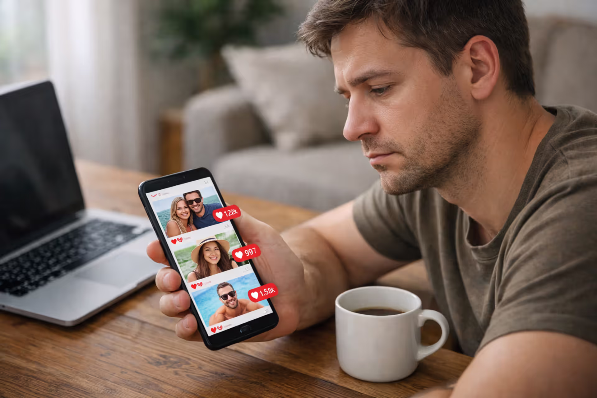 Person scrolling a social media feed of smiling posts and likes