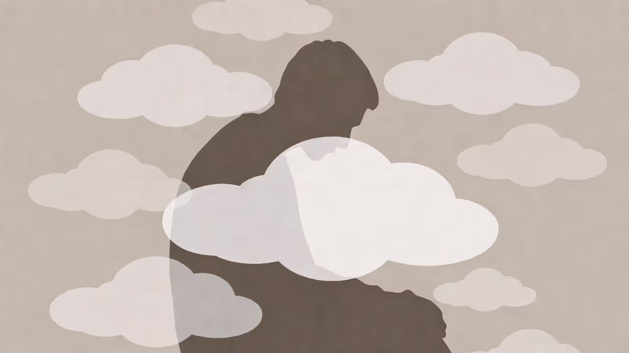 Person calmly observing thoughts with space and distance