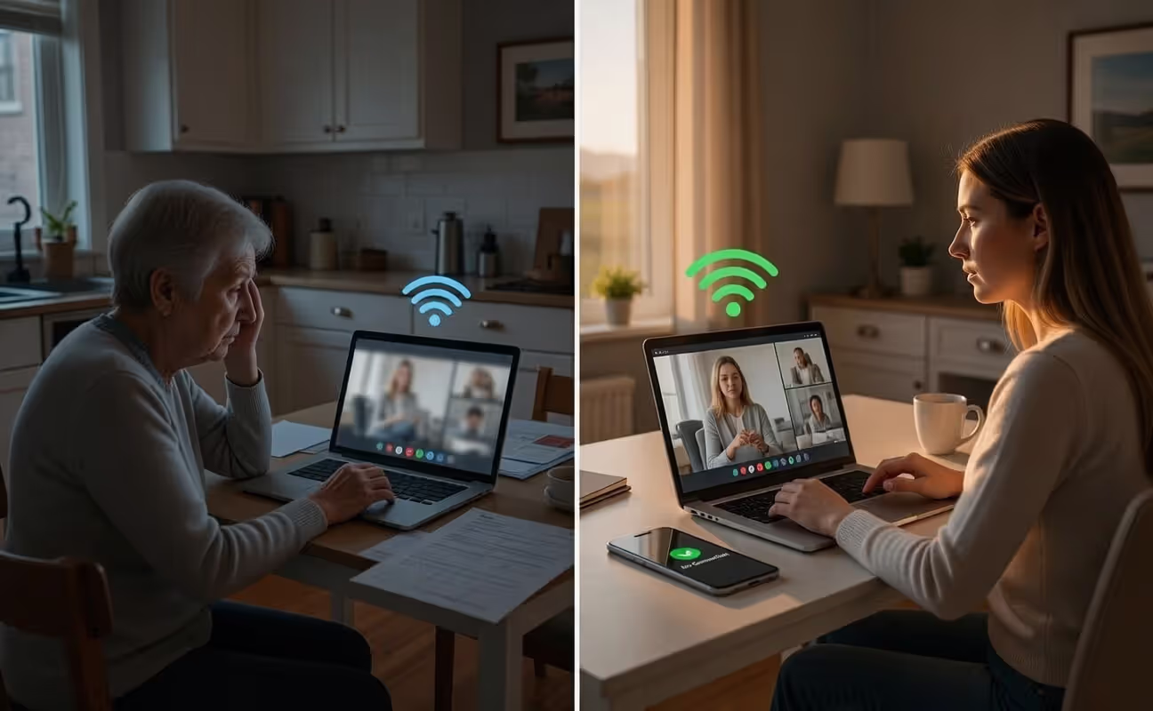 Image Prompt (16:9, photorealistic, documentary-style editorial) Split-scene composition illustrating inequality in telepsychology access. Left side: elderly person sitting at a small kitchen table in a modest home, looking confused or frustrated at an old laptop or tablet with a frozen video call screen (no readable text). Weak Wi-Fi signal icon blurred on screen. Dim lighting, slower internet implied. Papers and medical forms scattered nearby. Right side: younger professional in a modern home office with high-speed internet, clear video therapy session on a sleek laptop (screen blurred), strong Wi-Fi signal visible. Bright lighting, clean workspace. Foreground detail connecting both sides: smartphone showing “No Connection” on one side and strong connection bars on the other (text blurred). Color grading: slightly cooler tones on the underserved side, warmer balanced lighting on the well-connected side. Mood: contrast, structural inequality, technology gap affecting healthcare access. No logos, no readable insurance company names, no clear text.