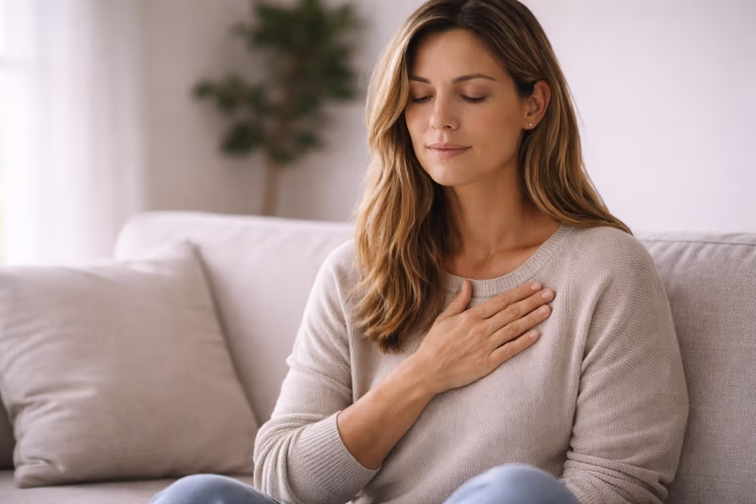 Adult person sitting quietly with hand on chest in reflective moment