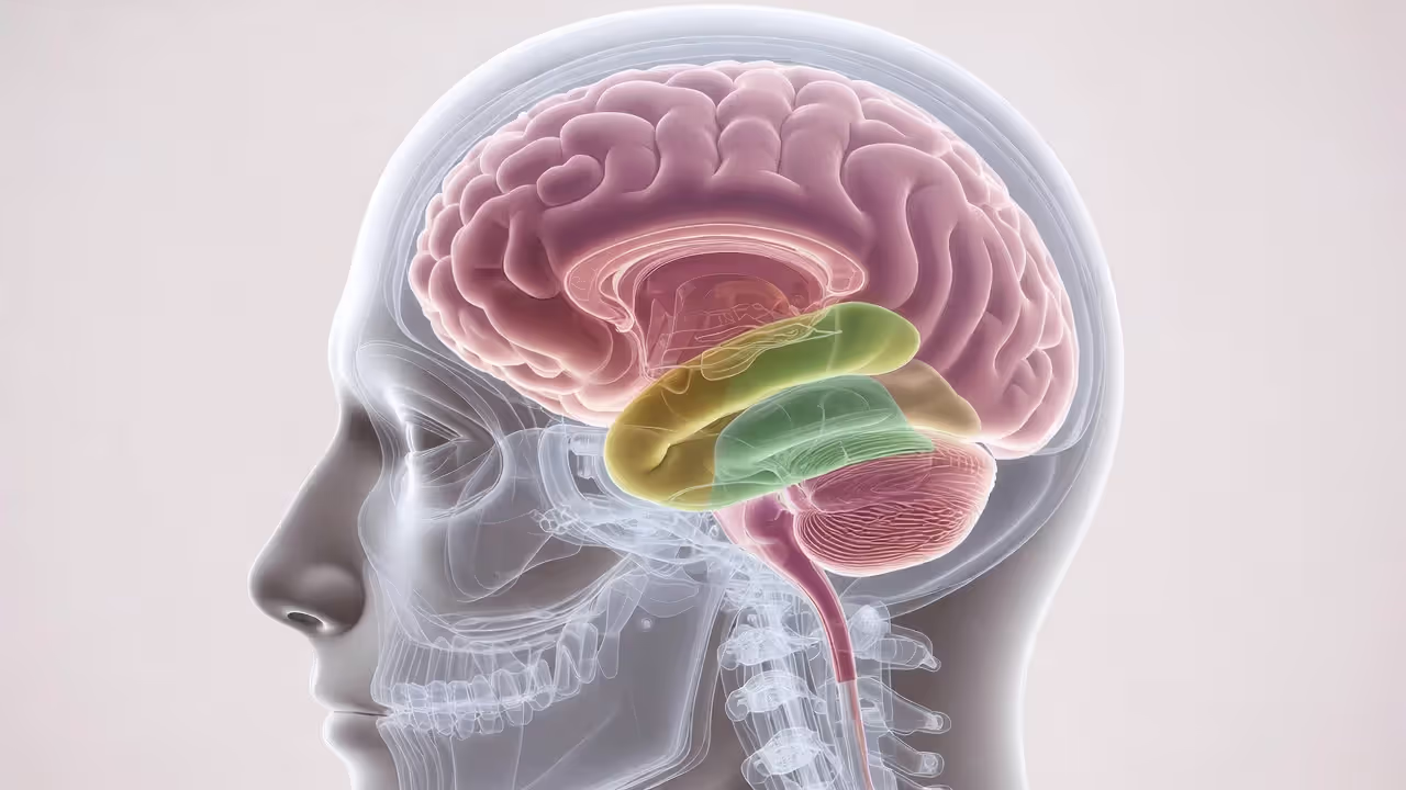 Side view brain illustration highlighting ventral tegmental area, nucleus accumbens, and prefrontal cortex