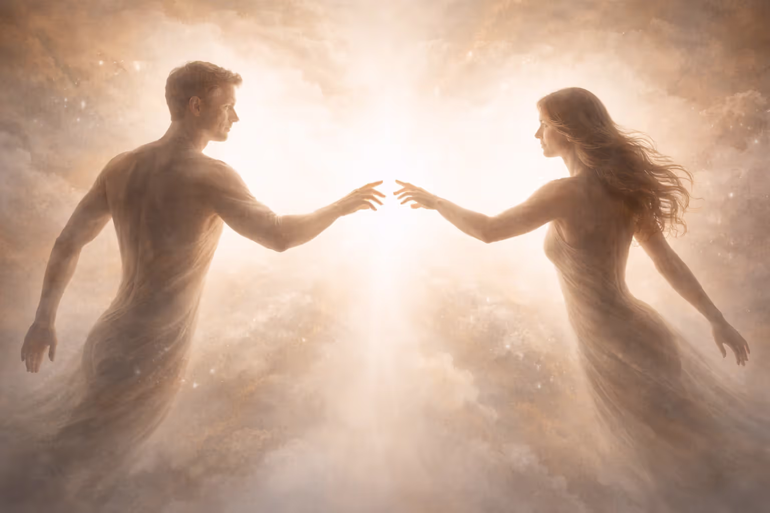 Two separated human silhouettes reaching toward each other symbolizing soulmate myth