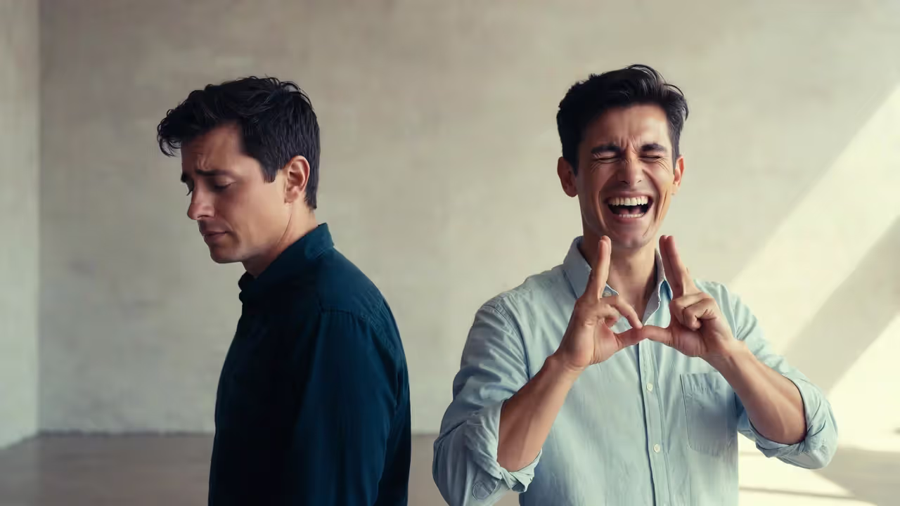 Two people facing each other, one looking sad and the other smiling excessively in contrast