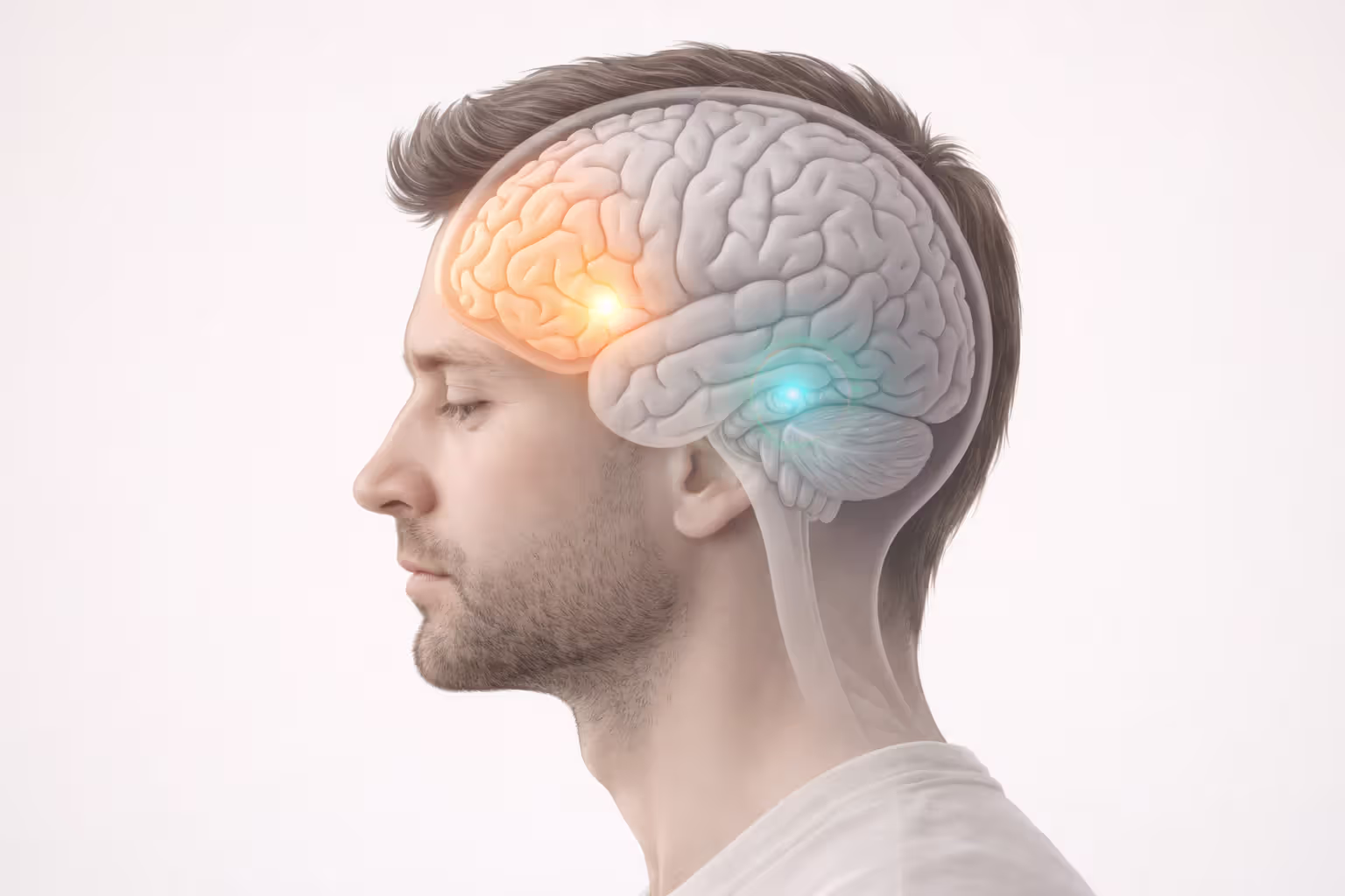 Medical illustration of a head profile with a semi-transparent brain highlighting the prefrontal cortex and amygdala.