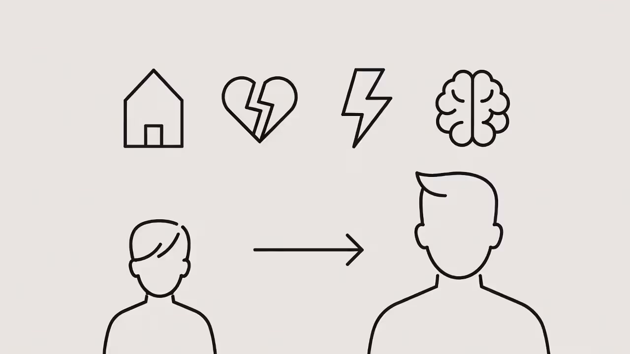 Minimal graphic showing a child silhouette connected to an adult silhouette, symbolizing long-term trauma impact.