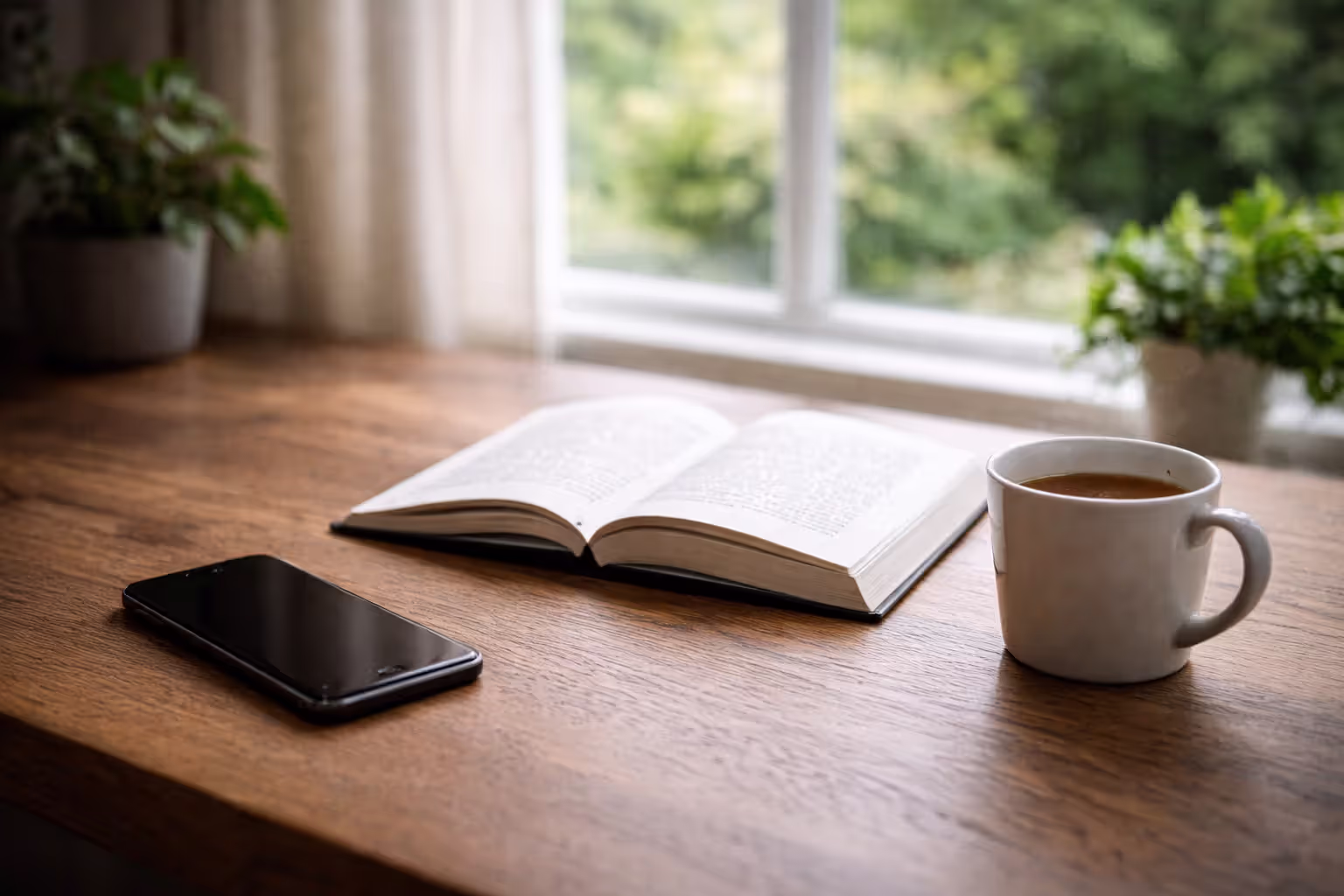 Smartphone placed face down next to book and tea by window, symbolizing mindful balance