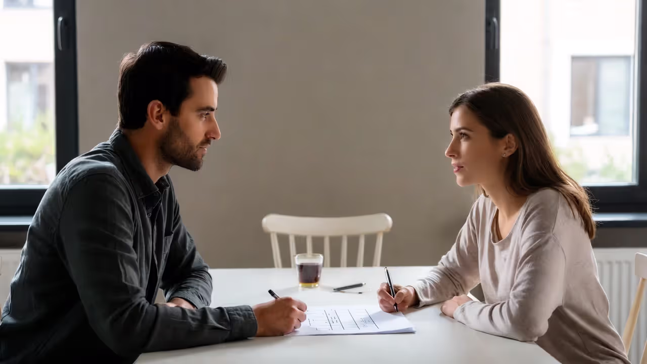 Couple having a focused conversation while planning together