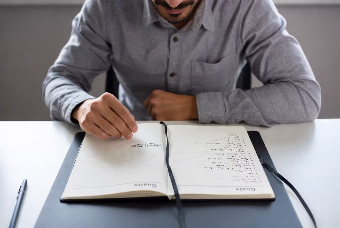 Person crossing off one goal while writing a new, higher goal