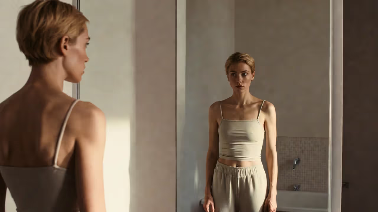 Person looking at their reflection in a mirror with a calm, focused expression.